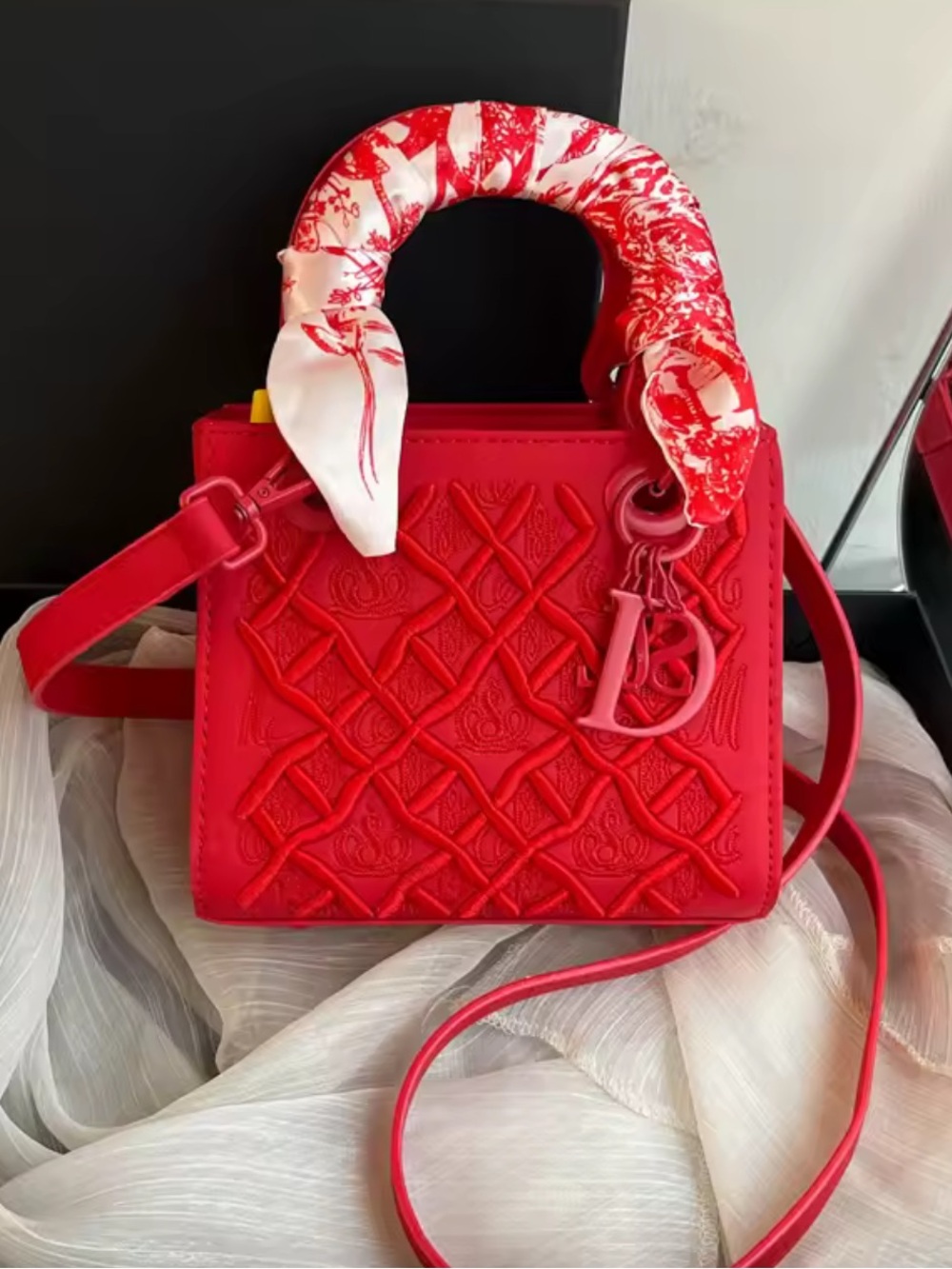 New Red Embossed Lady Dior Mini Bag with Silk-Handled Top